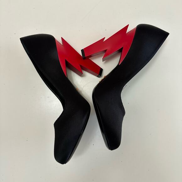 PRADA Lightning cloth heels black satin red heel pumps size 39 EUC - Picture 3 of 11
